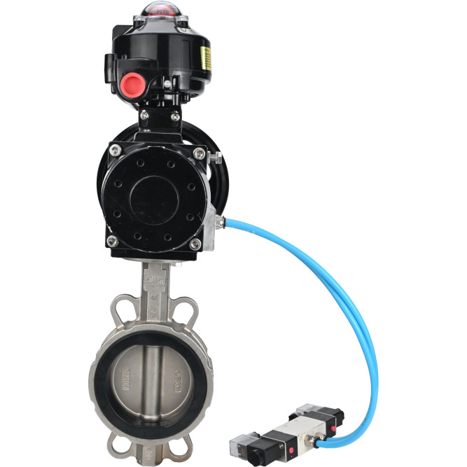 Затвор дисковый поворотный WBV3232V-2W-Fb-H Ду150 Ру16, корпус - нержавеющая сталь 316L, диск - нержавеющая сталь 316L, уплотнение - Viton, с пневмоприводом PA-DA-105-1 двойного действия, с пневмораспределителем 4V320-08 AC220V, с БКВ APL-510N EX в Перми