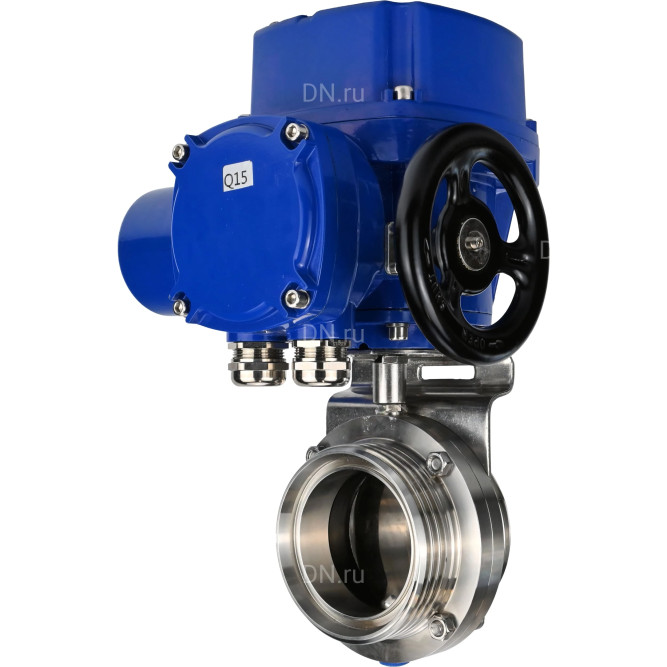 Затвор дисковый поворотный WBV3131E-2W-T-H Ду32 Ру10 резьбовой, корпус - пищевая нержавеющая сталь 304, уплотнение - EPDM, с электроприводом QT-N-005M-O2-380VAC-У1 с моментной муфтой и штурвалом в Перми