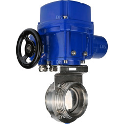 Затвор дисковый поворотный WBV3131E-2W-T-H Ду32 Ру10 резьбовой, корпус - пищевая нержавеющая сталь 304, уплотнение - EPDM, с электроприводом QT-N-005M-O2-380VAC-У1 с моментной муфтой и штурвалом