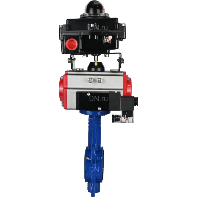 Затвор дисковый поворотный WBV1432E-2W-Fb-H Ду50 Ру16, корпус - чугун GGG50, диск - нержавеющая сталь 316L, уплотнение - EPDM, с пневмоприводом PA-SA-083 с возвратными пружинами, пневмораспределителем 4M310-08 DC24V, БКВ APL-410N EX в Перми