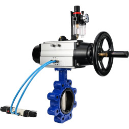 Затвор дисковый поворотный WBV1616E-2W-Fb-H Ду125 Ру16 LUG корпус - чугун QT450, диск - чугун QT450, уплотнение - EPDM, с пневмоприводом PA-DA-105-1, пневмораспределителем 4V320-10 AC220V и БПВ AFC2000