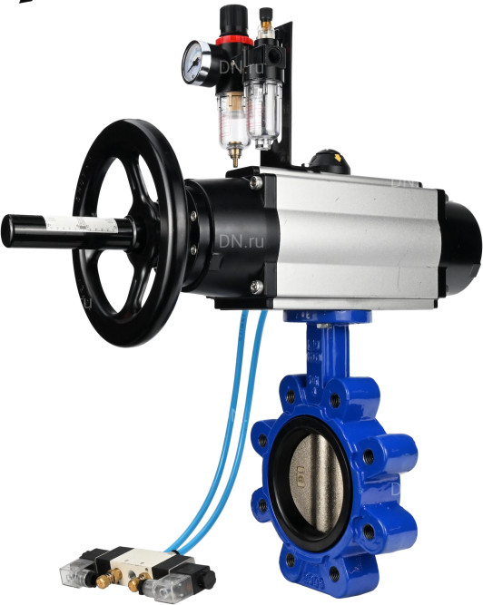 Затвор дисковый поворотный WBV1616E-2W-Fb-H Ду125 Ру16 LUG корпус - чугун QT450, диск - чугун QT450, уплотнение - EPDM, с пневмоприводом PA-DA-105-1, пневмораспределителем 4V320-10 AC220V и БПВ AFC2000 в Перми