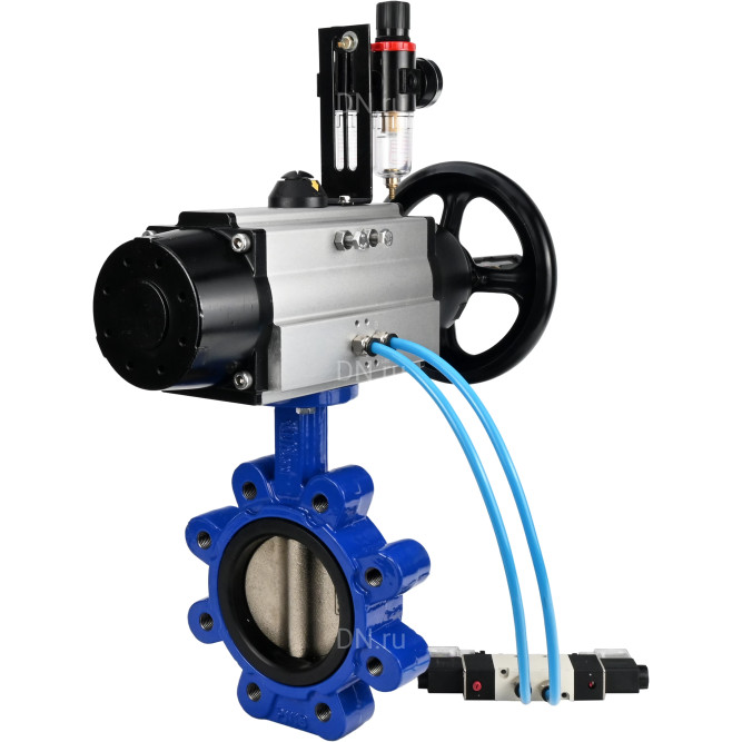 Затвор дисковый поворотный WBV1616E-2W-Fb-H Ду125 Ру16 LUG корпус - чугун QT450, диск - чугун QT450, уплотнение - EPDM, с пневмоприводом PA-DA-105-1, пневмораспределителем 4V320-10 AC220V и БПВ AFC2000 в Перми