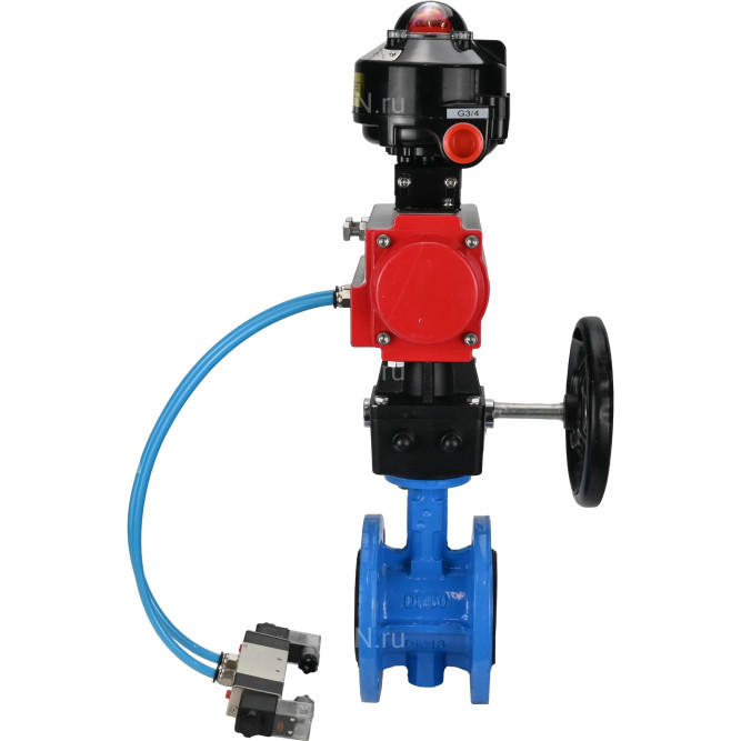 Затвор дисковый поворотный WBV1313E-2W-F-H Ду150 Ру16 фланцевый, корпус - чугун GGG40, диск - чугун GGG40, EPDM, с пневмоприводом PA-DA-130, пневмораспределителем 4V320-10 AC220V, БКВ APL-510N EX и ручным дублером MON1-250-T26-ISO в Перми