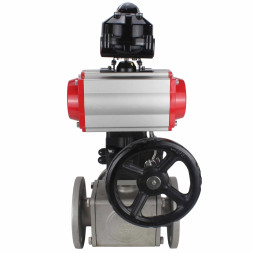 Кран шаровой BV3232P(4pc)-FP-3WL-F Ду40 Ру16 полнопроходной трехходовой, фланцевый, корпус - нержав.сталь SS316, пневмопривод PA-DA-065 двойн.действия, пневмораспределитель 4M310-08 AC220V, БКВ APL-510N EX и ручной дублер MON1-250-T26-ISO