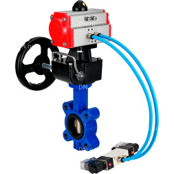 Затвор дисковый поворотный WBV1616N-2W-Fb-H Ду100 Ру16 LUG, корпус - чугун QT450, диск - чугун QT450, уплотнение - NBR, с пневмоприводом PA-DA-083, пневмораспределителем 4M320-10 AC220V и ручным дублером MON2-450-T28-ISO