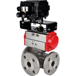 Кран шаровой BV3232P(4pc)-FP-3WL-F Ду25 Ру16 полнопроходной трехходовой, фланцевый, корпус - нержавеющая сталь SS316, с пневмоприводом PA-SA-083 с возвратными пружинами и пневмопозиционером YT-1000RSN с обратной связью