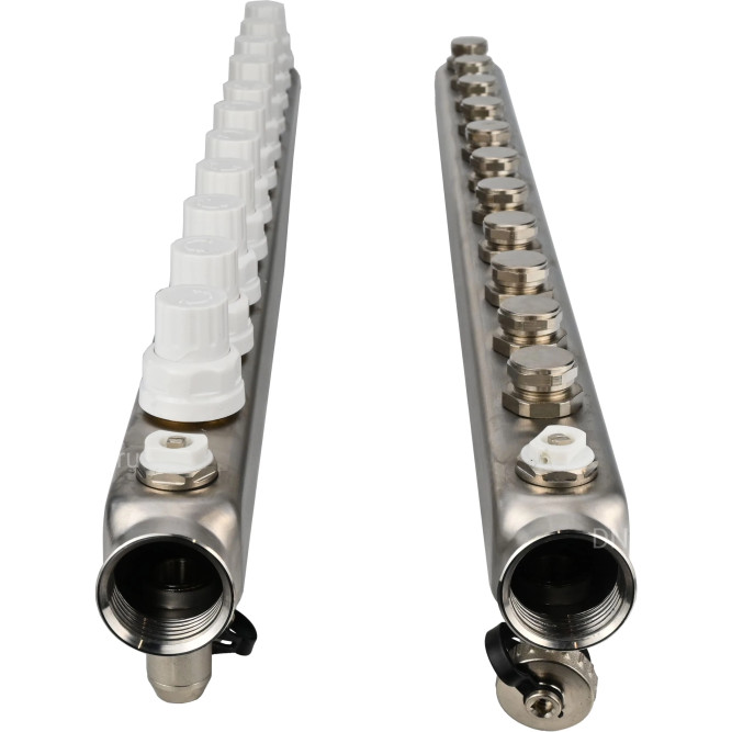 Коллекторная группа GC4-31-11 1″ Ду25 Ру10 отводов — 11, в сборе с терморегулирующими клапанами и запорно-балансировочными клапанами, дренажным краном и воздухоотводчиком, с заглушками, без переходников, корпус - нержавеющая сталь AISI 304 в Перми