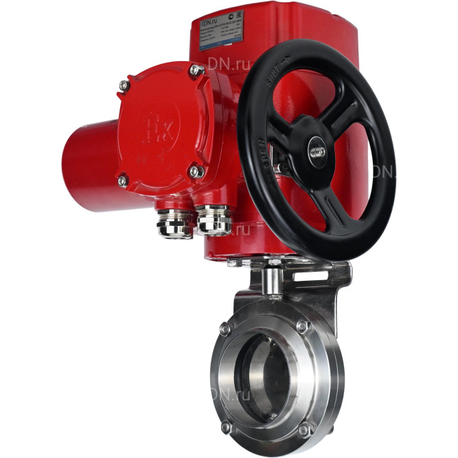 Затвор дисковый поворотный WBV3131E-2W-W-H Ду20 Ру10 под приварку, корпус - пищевая нержавеющая сталь 304, уплотнение - EPDM, с электроприводом QT-EX-005M-O2-380VAC-У1 с моментной муфтой и штурвалом в Перми