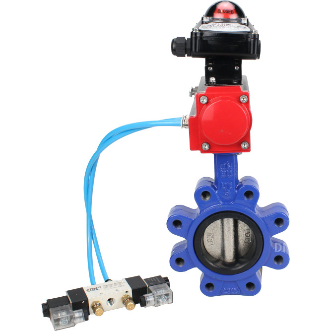 Затвор дисковый поворотный WBV1616N-2W-Fb-H Ду80 Ру16 LUG корпус - чугун QT450, диск - чугун QT450, уплотнение - NBR, с пневмоприводом PA-DA-083, пневмораспределителем 4V320-08 AC220V и БКВ APL-210N в Перми