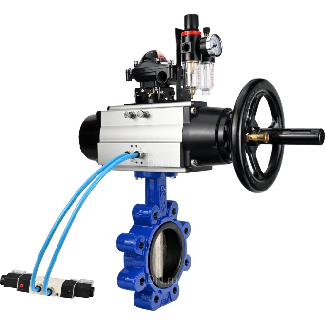 Затвор дисковый поворотный WBV1616E-2W-Fb-H Ду125 Ру16 LUG корпус - чугун QT450, диск - чугун QT450, уплотнение - EPDM, с пневмоприводом PA-DA-105-1, пневмораспределителем 4V320-10 AC220V, БКВ APL-210N и БПВ AFC2000 в Перми