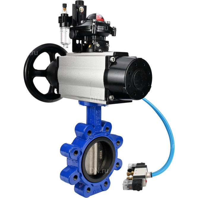 Затвор дисковый поворотный WBV1616E-2W-Fb-H Ду125 Ру16 LUG корпус - чугун QT450, диск - чугун QT450, уплотнение - EPDM, с пневмоприводом PA-DA-105-1, пневмораспределителем 4V320-10 AC220V, БКВ APL-210N и БПВ AFC2000 в Перми