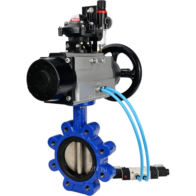 Затвор дисковый поворотный WBV1616E-2W-Fb-H Ду125 Ру16 LUG корпус - чугун QT450, диск - чугун QT450, уплотнение - EPDM, с пневмоприводом PA-DA-105-1, пневмораспределителем 4V320-10 AC220V, БКВ APL-210N и БПВ AFC2000 в Перми