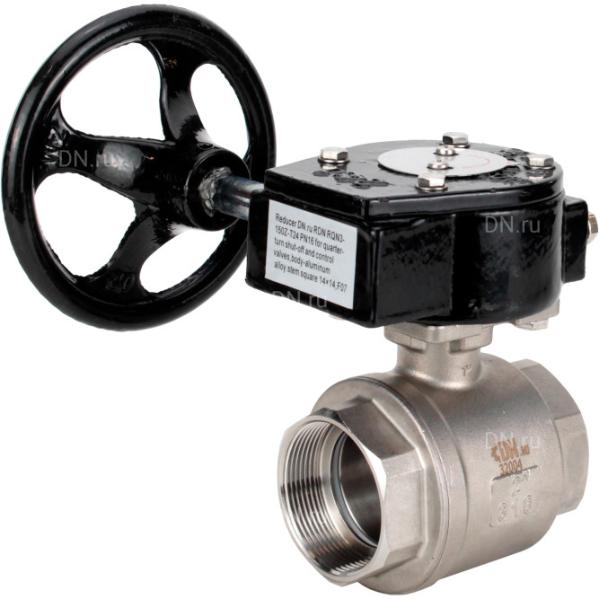 Кран шаровой BV3232P(2pc)-FP-T-ISO-H Ду20 Ру63 полнопроходной двухходовой, нержавеющая сталь SS316, внутренняя резьба, уплотнение - PTFE, с редуктором RDN RQN1-150Z-T24 в Перми