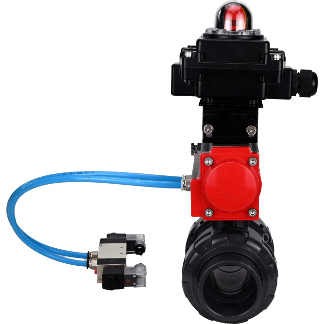 Кран шаровой BV4242E-FP-GRM-ISO Дн32 Ру10 полнопроходной, корпус - НПВХ, шар - НПВХ, уплотнение - EPDM, с пневмоприводом PA-SA-052, пневмораспределителем 4V320-08 AC220V и БКВ APL-410N EX в Перми