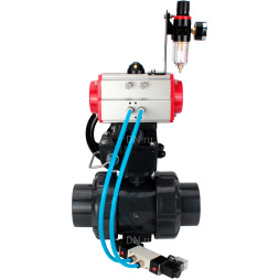 Кран шаровой BV4242E-FP-GRM-ISO Дн32 Ру10 полнопроходной, корпус - НПВХ, шар - НПВХ, уплотнение - EPDM, с пневмоприводом PA-DA-052, пневмораспределителем 4V320-10 AC220V, ручным дублером MON1-250-T26-ISO и БПВ AFC2000