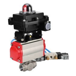 Кран шаровой BV3232P(4pc)-SP-3WL-T-ISO-H Ду50 Ру63, стандартнопроходной, четырехсоставной, корпус - нержавеющая сталь 316, уплотнение - PTFE, внутренняя резьба, с пневмоприводом PA-DA-065, пневмораспределителем 4V320-10 AC220V, БКВ APL-410N Ex