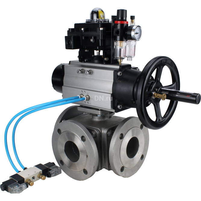 Кран шаровой BV3232P(4pc)-FP-3WL-F Ду100 Ру16 полнопроходной трехходовой, фланцевый, корпус - нержавеющая сталь SS316, с пневмоприводом PA-DA-105-1, пневмораспределителем 4V320-08 AC220V, БКВ APL-410N EX и БПВ AFC2000 в Перми