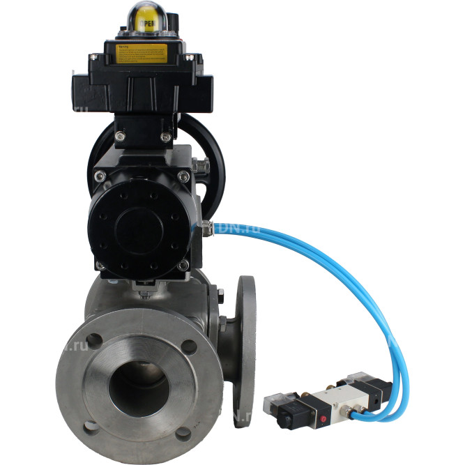Кран шаровой BV3232P(4pc)-FP-3WL-F Ду100 Ру16 полнопроходной трехходовой, фланцевый, корпус - нержавеющая сталь SS316, с пневмоприводом PA-DA-105-1, пневмораспределителем 4V320-08 AC220V, БКВ APL-410N EX и БПВ AFC2000 в Перми