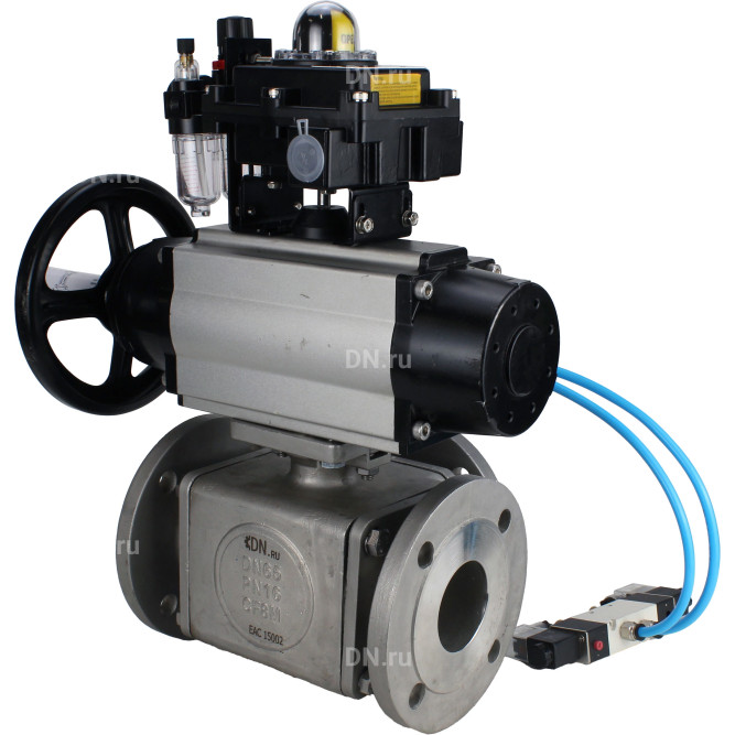 Кран шаровой BV3232P(4pc)-FP-3WL-F Ду100 Ру16 полнопроходной трехходовой, фланцевый, корпус - нержавеющая сталь SS316, с пневмоприводом PA-DA-105-1, пневмораспределителем 4V320-08 AC220V, БКВ APL-410N EX и БПВ AFC2000 в Перми