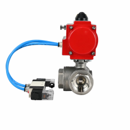 Кран шаровой BV3232P(4pc)-SP-3WL-T-ISO-H WDVF Ду40 Ру63 стандартнопроходной, 3-ходовой L-тип, внутренняя резьба, корпус - нержавеющая сталь AISI 316, уплотнение - PTFE, с пневмоприводом PA-DA-083 и пневмораспределителем 4V320-10 AC220V