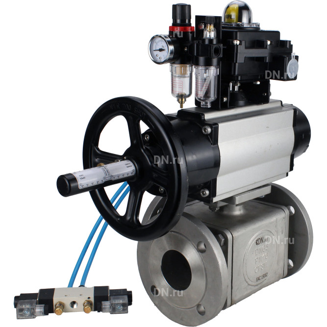 Кран шаровой BV3232P(4pc)-FP-3WL-F Ду100 Ру16 полнопроходной трехходовой, фланцевый, корпус - нержавеющая сталь SS316, с пневмоприводом PA-DA-105-1, пневмораспределителем 4V320-10 AC220V, БКВ APL-410N EX и БПВ AFC2000 в Перми
