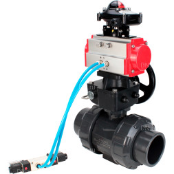 Кран шаровой BV4242E-FP-GRM-ISO Дн15 Ру10 полнопроходной, корпус - НПВХ, шар - НПВХ, уплотнение - EPDM, с пневмоприводом PA-DA-052, пневмораспределителем 4V320-10 AC220V, ручным дублером MON1-250-T26-ISO и БКВ APL-210N