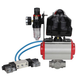 Кран шаровой BV3232P(4pc)-SP-3WL-T-ISO-H 2 1/2″ Ду65 Ру40 стандартнопроходной трехходовой L-тип, нержавеющая сталь SS316, внутренняя резьба, PTFE, с пн.приводом PA-DA-083 пн.распределителем 4V320-10 AC220V БПВ AFC2000 БКВ APL-510N-EX