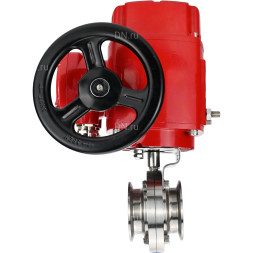 Затвор дисковый поворотный WBV3131E-2W-C-H Ду15 Ру10 кламповый, корпус - пищевая нержавеющая сталь 304, уплотнение - EPDM, с электроприводом QT-EX-005M-O2-380VAC-У1 с моментной муфтой и штурвалом