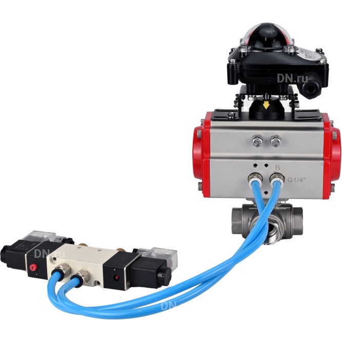 Кран шаровой BV3232P(4pc)-SP-3WL-T-ISO-H Ду32 Ру63, стандартнопроходной, четырехсоставной, корпус - нержавеющая сталь 316, уплотнение - PTFE, внутренняя резьба, с пневмоприводом PA-DA-052, пневмораспределителем 4V320-08 AC220V, БКВ APL-210N в Перми