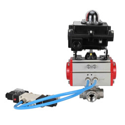 Кран шаровой BV3232P(4pc)-SP-3WL-T-ISO-H Ду32 Ру63, стандартнопроходной, четырехсоставной, корпус - нержавеющая сталь 316, уплотнение - PTFE, внутренняя резьба, с пневмоприводом PA-SA-065, пневмораспределителем 4V320-08 AC220V, БКВ APL-410N Ex