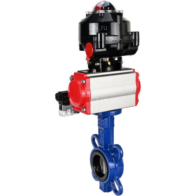 Затвор дисковый поворотный WBV1432E-2W-Fb-H Ду125 Ру16, корпус - чугун GGG50, диск - нержавеющая сталь 316L, уплотнение - EPDM, с пневмоприводом PA-DA-083 двойного действия, пневмораспределителем 4M310-08 DC24V, БКВ APL-510N-EX в Перми
