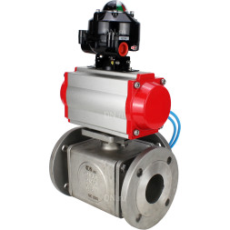 Кран шаровой BV3232P(4pc)-FP-3WL-F Ду15 Ру16 полнопроходной трехходовой, фланцевый, корпус - нержавеющая сталь SS316, с пневмоприводом PA-SA-052 с возвратными пружинами, пневмораспределителем 4V320-10 AC220V и БКВ APL-510N EX