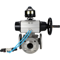 Кран шаровой BV3232P(4pc)-FP-3WL-F Ду100 Ру16 полнопроходной трехходовой, фланцевый, корпус - нержавеющая сталь SS316, с пневмоприводом PA-DA-105-1 двойного действия, пневмораспределителем 4V320-10 AC220V и БКВ APL-510N EX