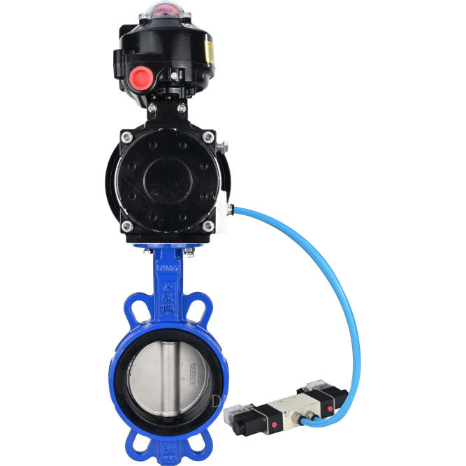Затвор дисковый поворотный WBV1432N-2W-Fb-H Ду150 Ру16, корпус - чугун GGG50, диск - нержавеющая сталь 316L, уплотнение - NBR, с пневмоприводом PA-DA-105-1 двойного действия, с пневмораспределителем 4V320-08 AC220V, с БКВ APL-510N-EX в Перми