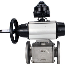 Кран шаровой BV3232P(4pc)-FP-3WL-F Ду100 Ру16 полнопроходной трехходовой, фланцевый, корпус - нержавеющая сталь SS316, с пневмоприводом PA-DA-105-1 двойного действия и БКВ APL-510N EX