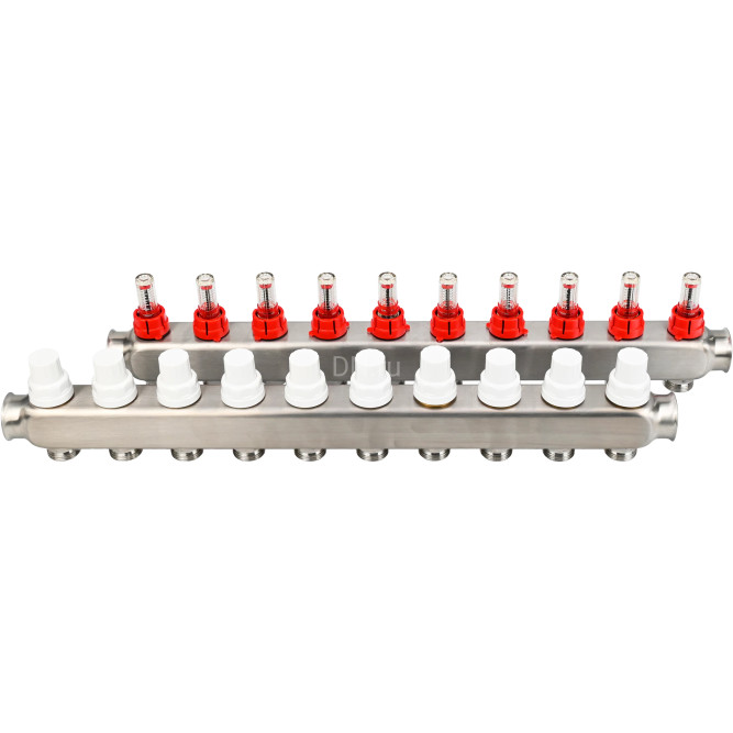 Коллекторная группа GC1-31-10 1″ Ду25 Ру10 отводов — 10, в сборе с расходомерами и терморегулирующими клапанами, без переходников, корпус - нержавеющая сталь AISI 304 в Перми