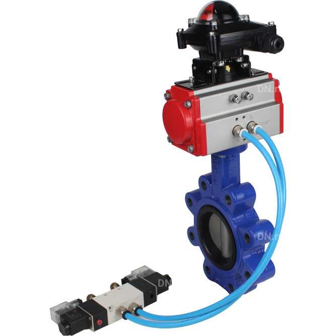 Затвор дисковый поворотный WBV1631E-2W-Fb-H Ду150 Ру16 LUG корпус - чугун QT450, диск - нержавеющая сталь 304, уплотнение - EPDM, с пневмоприводом PA-DA-105, пневмораспределителем 4V320-08 AC220V и БКВ APL-210N в Перми