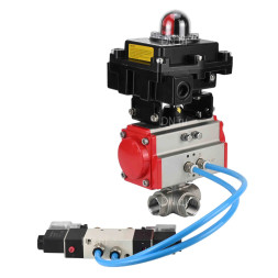 Кран шаровой BV3232P(4pc)-SP-3WL-T-ISO-H Ду32 Ру63, стандартнопроходной, четырехсоставной, корпус - нержавеющая сталь 316, уплотнение - PTFE, внутренняя резьба, с пневмоприводом PA-DA-052, пневмораспределителем 4V320-08 AC220V, БКВ APL-410N Ex