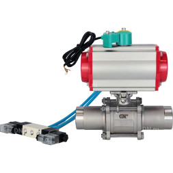 Кран шаровой BV3131P(3pc)-FP-W-ISO-H LONG Ду10 Ру63 полнопроходной, корпус - нержавеющая сталь 304, уплотнение - PTFE, под приварку, с пневмоприводом PA-DA-052, пневмораспределителем 4V320-08 AC220V и магнитным переключателем ALS200D