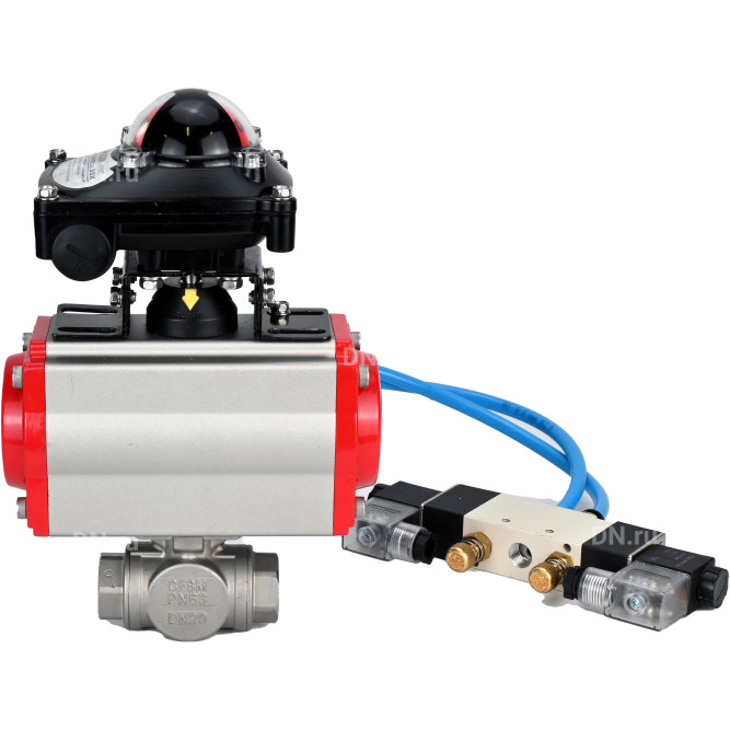 Кран шаровой BV3232P(4pc)-SP-3WL-T-ISO-H Ду20 Ру63, стандартнопроходной, четырехсоставной, корпус - нержавеющая сталь 316, уплотнение - PTFE, внутренняя резьба, с пневмоприводом PA-DA-052, пневмораспределителем 4V320-10 AC220V, БКВ APL-210N в Перми
