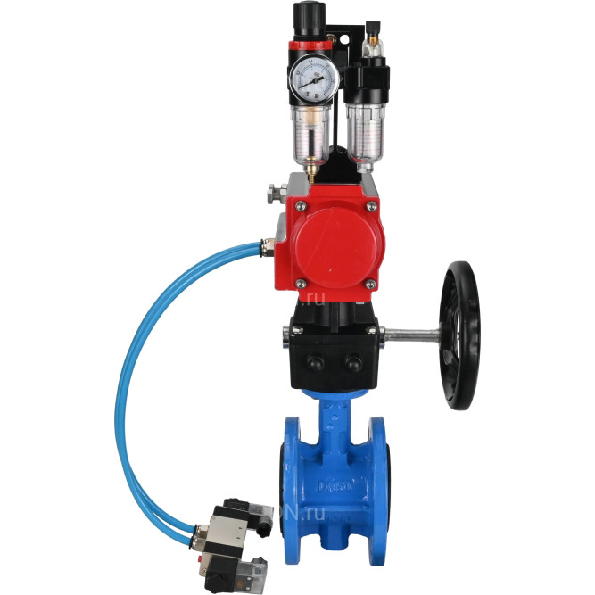 Затвор дисковый поворотный WBV1313E-2W-F-H Ду150 Ру16 фланцевый чугун GGG40, диск - чугун GGG40, EPDM, с пневмоприводом PA-DA-130, пневмораспределителем 4V320-10 AC220V, ручным дублером MON1-250-T26-ISO и БПВ AFC2000 в Перми