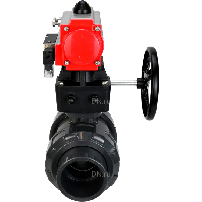 Кран шаровой BV4242E-FP-GRM-ISO Дн100 Ру10 полнопроходной, корпус - НПВХ, шар - НПВХ, уплотнение - EPDM, с пневмоприводом PA-DA-065, пневмораспределителем 4M310-08 AC220V и ручным дублером MON1-250-T26-ISO в Перми
