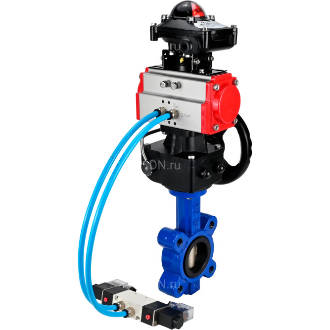 Затвор дисковый поворотный WBV1616N-2W-Fb-H Ду100 Ру16 LUG корпус - чугун QT450, диск - чугун QT450, уплотнение - NBR, с пневмоприводом PA-DA-083, пневмораспределителем 4V320-08 AC220V, БКВ APL-210N и редуктором MON2-450-T28-ISO в Перми