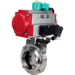 Затвор дисковый поворотный WBV3131S-2W-W-H Ду20 Ру10 под приварку, пищевая нержавеющая сталь 304, уплотнение - Silicon, с пневмоприводом PA-DA-052, пневмораспределителем 4M310-08 DC24V и магнитным переключателем ALS200D