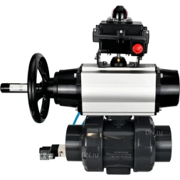 Кран шаровой BV4242E-FP-GRM-ISO Дн100 Ру10 полнопроходной, корпус - НПВХ, шар - НПВХ, уплотнение - EPDM, с пневмоприводом PA-DA-105-1, пневмораспределителем 4V320-08 AC220V и БКВ APL-410N EX