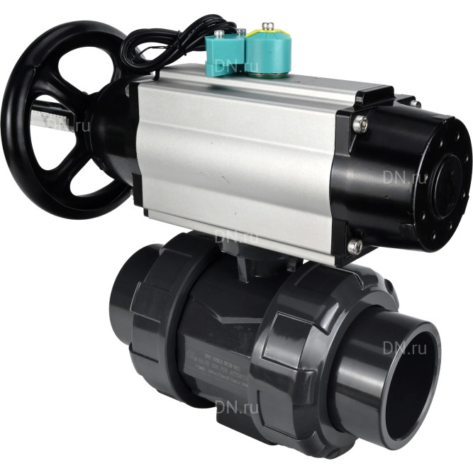 Кран шаровой BV4242E-FP-GRM-ISO Дн15 Ру10 полнопроходной, корпус - НПВХ, шар - НПВХ, уплотнение - EPDM, с пневмоприводом PA-DA-105-1 и магнитным переключателем ALS200D в Перми
