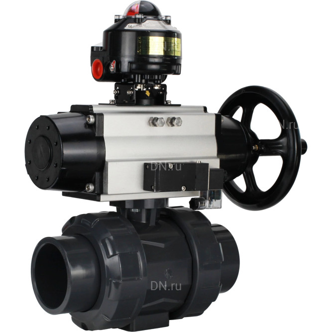 Кран шаровой BV4242E-FP-GRM-ISO Дн80 Ру10 полнопроходной, корпус - НПВХ, шар - НПВХ, уплотнение - EPDM, с пневмоприводом PA-DA-105-1, пневмораспределителем 4M310-08 DC24V и БКВ APL-510N EX в Перми