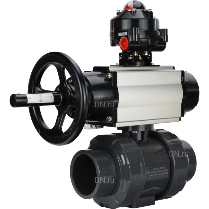 Кран шаровой BV4242E-FP-GRM-ISO Дн80 Ру10 полнопроходной, корпус - НПВХ, шар - НПВХ, уплотнение - EPDM, с пневмоприводом PA-DA-105-1, пневмораспределителем 4M310-08 DC24V и БКВ APL-510N EX в Перми