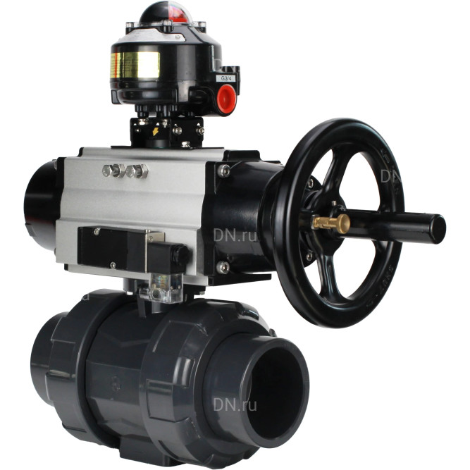 Кран шаровой BV4242E-FP-GRM-ISO Дн80 Ру10 полнопроходной, корпус - НПВХ, шар - НПВХ, уплотнение - EPDM, с пневмоприводом PA-DA-105-1, пневмораспределителем 4M310-08 DC24V и БКВ APL-510N EX в Перми